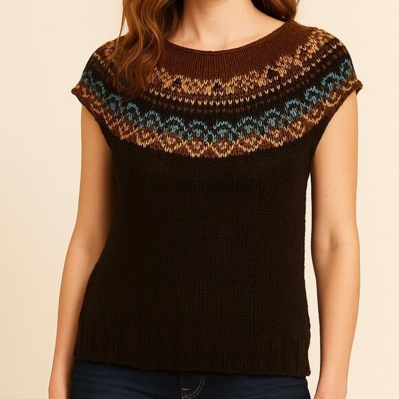 Dana Bachman Brown Fair Isle Knit Cap Sleeve Sweater Large - Picture 1 of 9